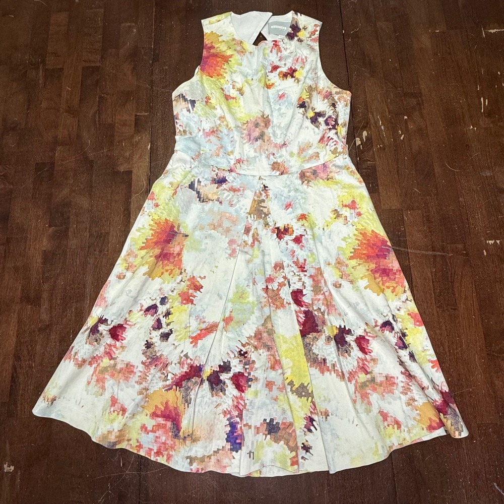Hunter Bell Fit Flare Dress Womens 8 Multicolor Pixelated Floral Sleeveless
